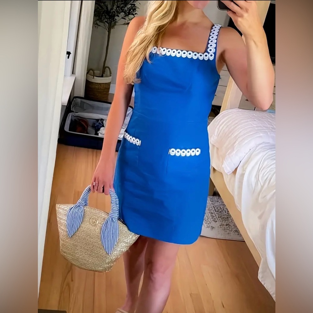 Palm Springs Blue Dress with White Accents Isleen Skirted Romper in Barton Blue